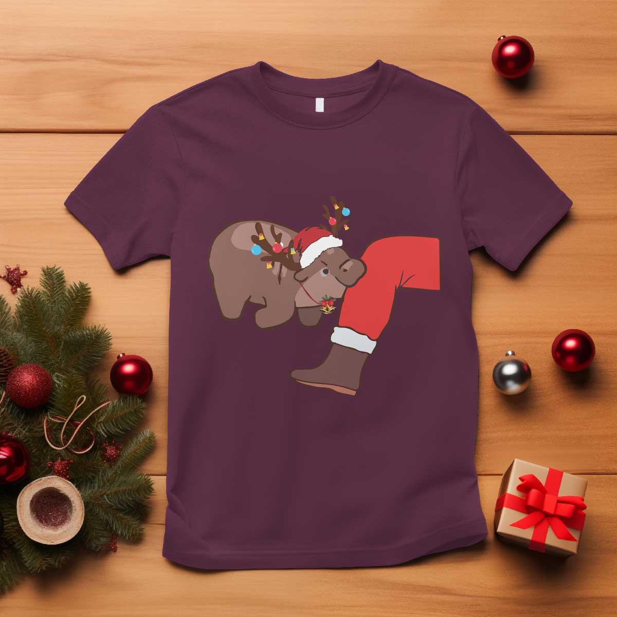 Funny Moo-Deng Christmas T Shirt MooDengMas Xmas Baby Pygmy Hippo Cute Zoo For Family Tee - Wonder Print Shop