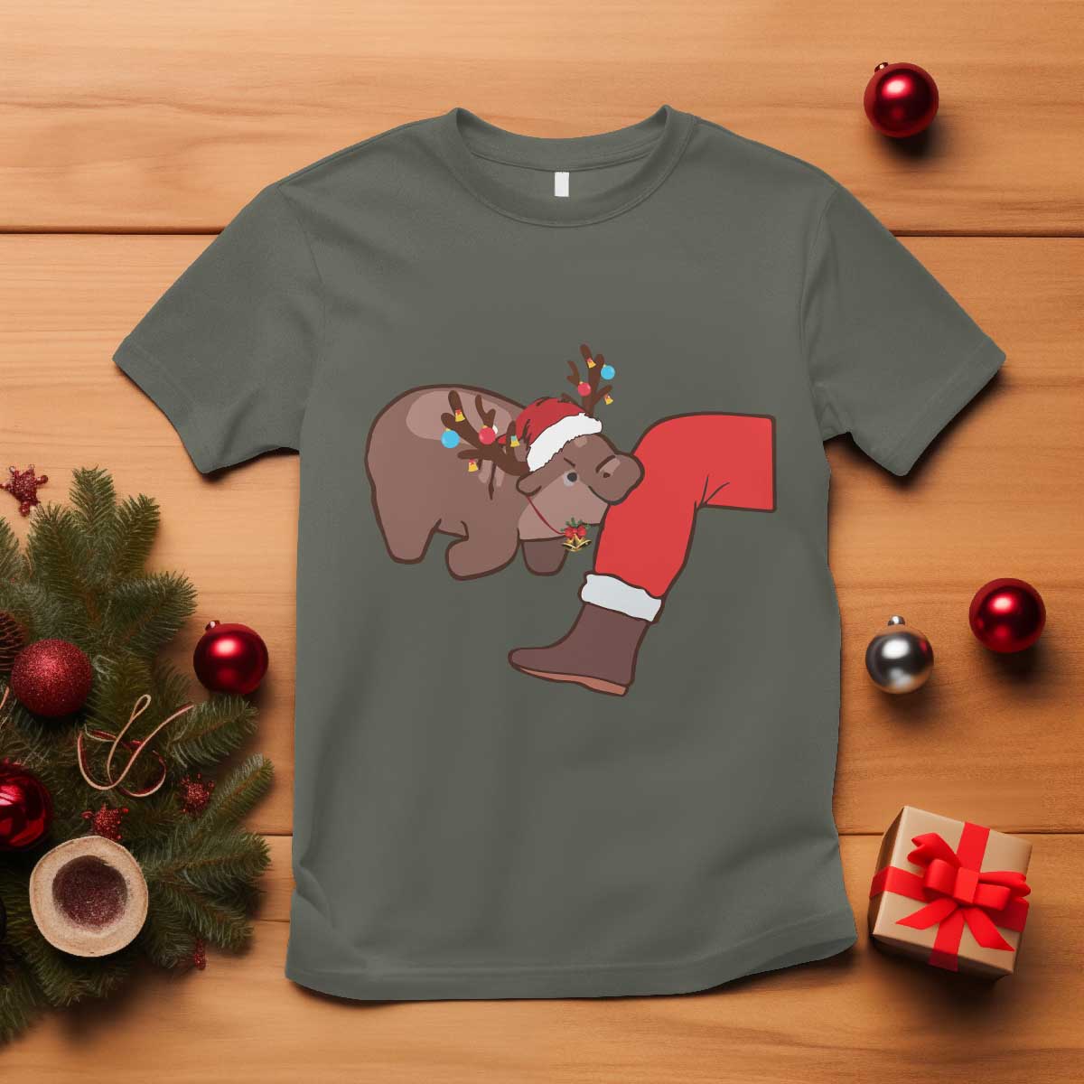 Funny Moo-Deng Christmas T Shirt MooDengMas Xmas Baby Pygmy Hippo Cute Zoo For Family Tee - Wonder Print Shop
