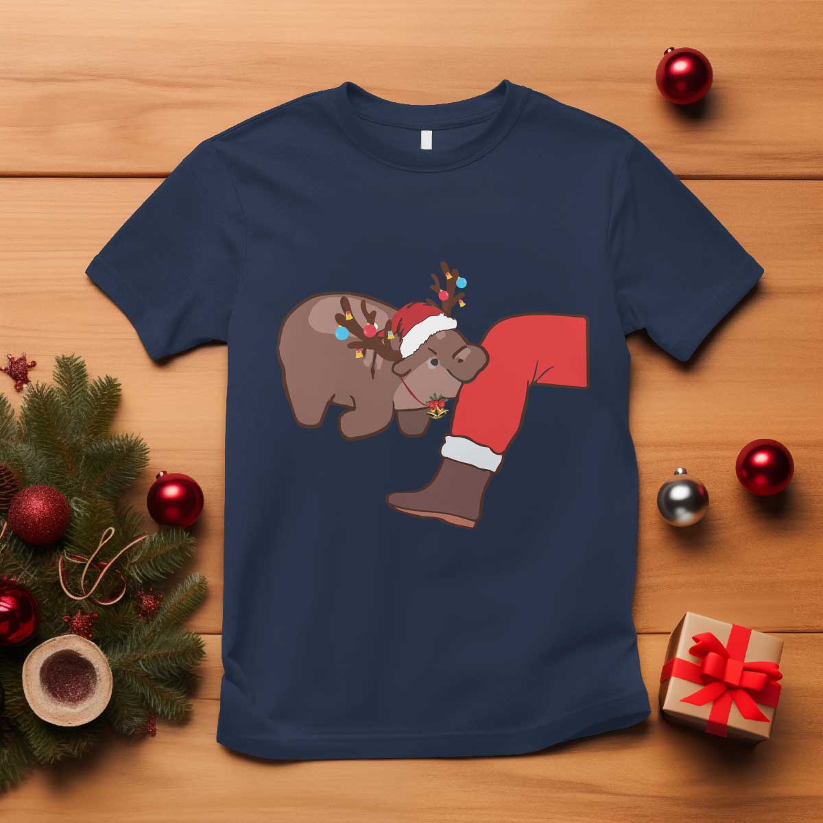 Funny Moo-Deng Christmas T Shirt MooDengMas Xmas Baby Pygmy Hippo Cute Zoo For Family Tee - Wonder Print Shop