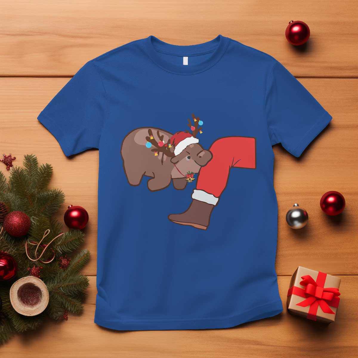 Funny Moo-Deng Christmas T Shirt MooDengMas Xmas Baby Pygmy Hippo Cute Zoo For Family Tee - Wonder Print Shop