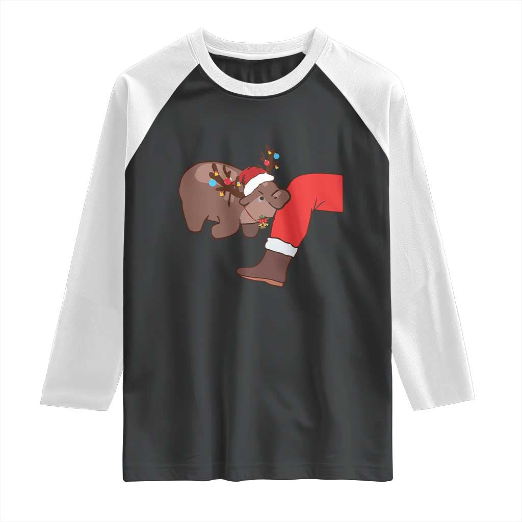 Funny Moo-Deng Christmas Raglan Shirt MooDengMas Xmas Baby Pygmy Hippo Cute Zoo For Family Tee
