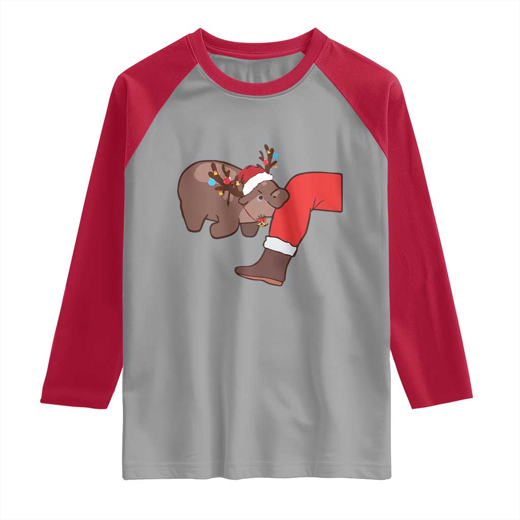 Funny Moo-Deng Christmas Raglan Shirt MooDengMas Xmas Baby Pygmy Hippo Cute Zoo For Family Tee
