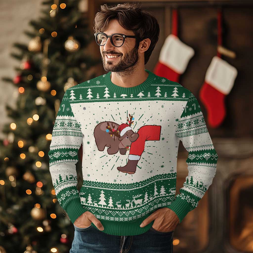 Funny Moo-Deng Christmas Ugly Christmas Sweater MooDengMas Xmas Baby Pygmy Hippo Cute Zoo For Family Tee - Wonder Print Shop