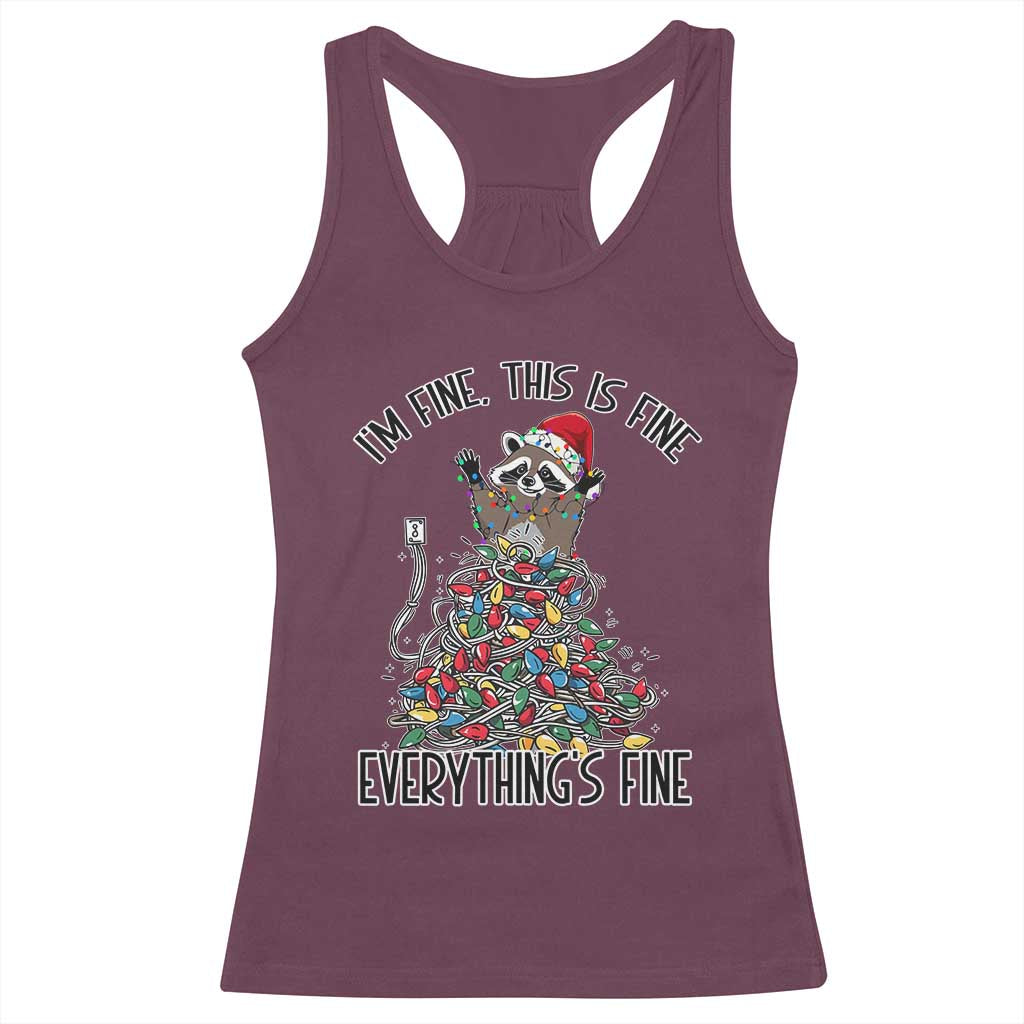 Christmas Racoon Racerback Tank Top I'm Fine Everything Is Fine Xmas Lights
