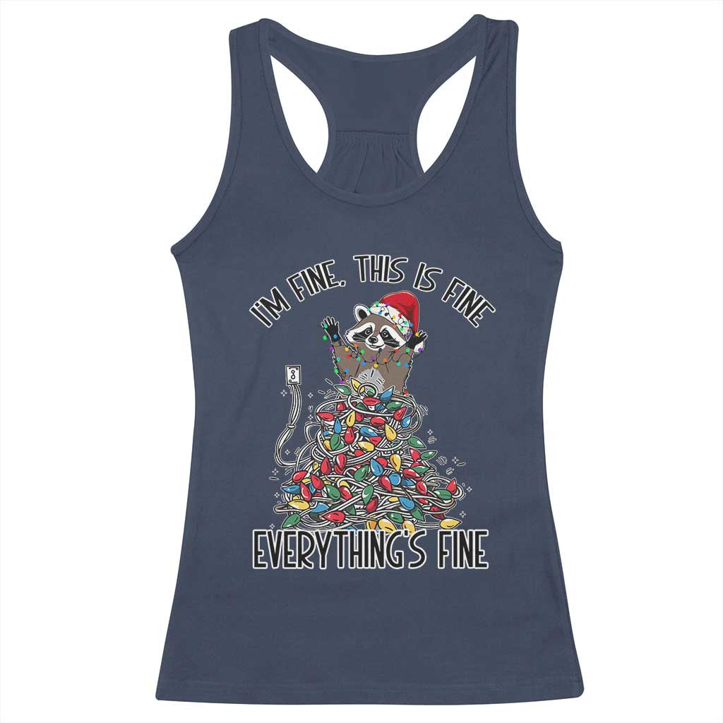 Christmas Racoon Racerback Tank Top I'm Fine Everything Is Fine Xmas Lights