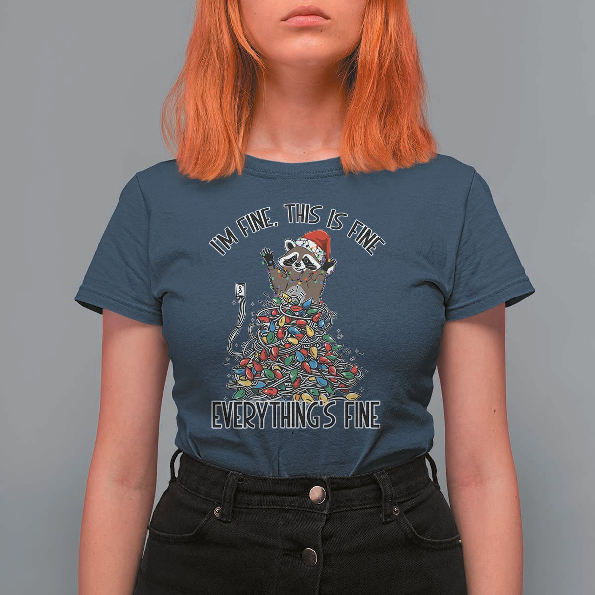 Christmas Racoon T Shirt For Women I'm Fine Everything Is Fine Xmas Lights - Wonder Print Shop