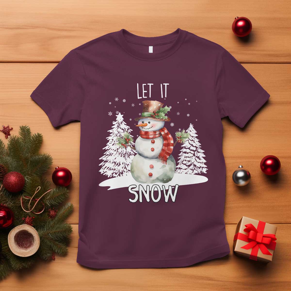 Christmas Let It Snow T Shirt Funny Snowman Snowflakes Xmas Tree - Wonder Print Shop