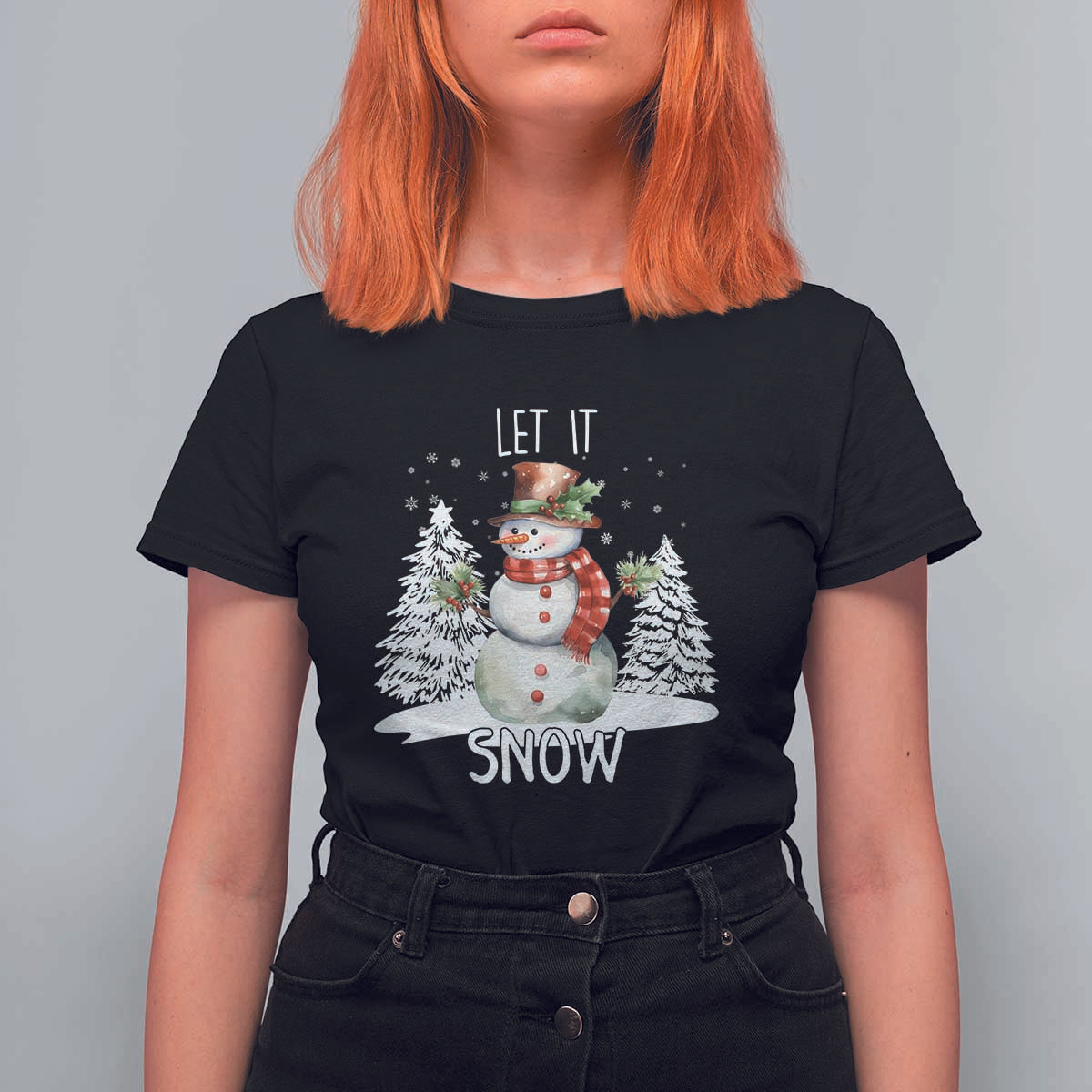 Christmas Let It Snow T Shirt For Women Funny Snowman Snowflakes Xmas Tree - Wonder Print Shop