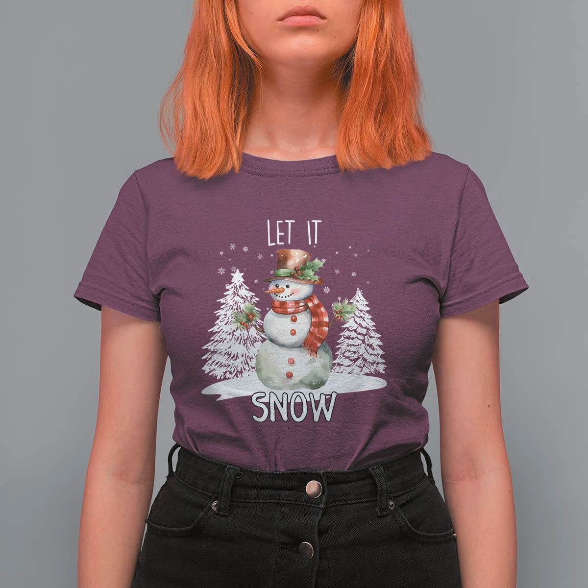 Christmas Let It Snow T Shirt For Women Funny Snowman Snowflakes Xmas Tree - Wonder Print Shop