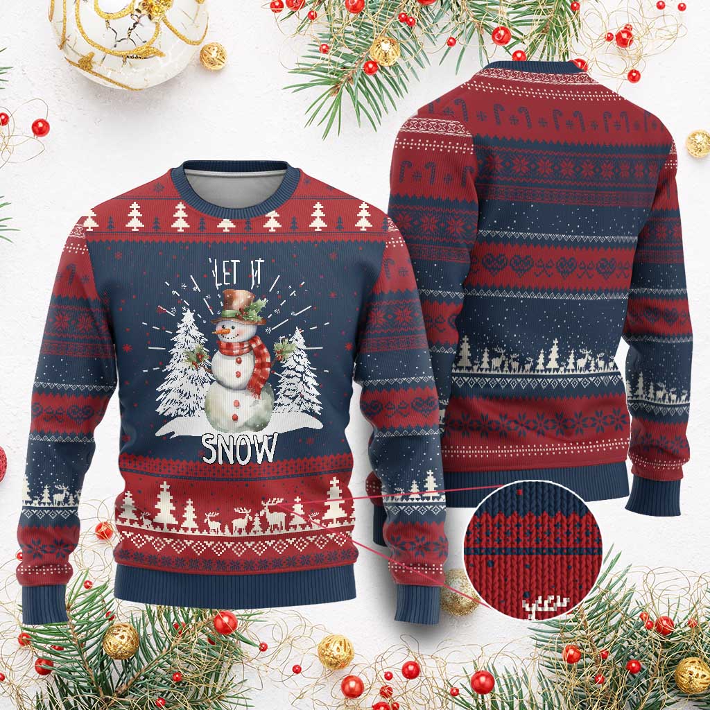 Christmas Let It Snow Knitted Sweatshirt Funny Snowman Snowflakes Xmas Tree - Wonder Print Shop