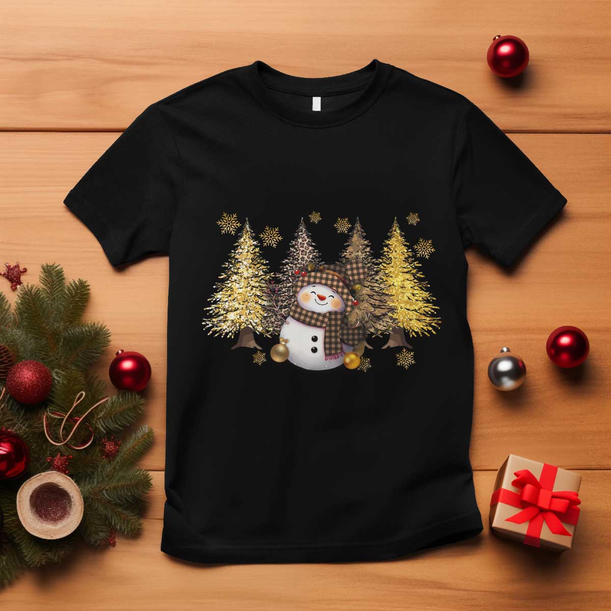 Christmas Snowman T Shirt Cute Winter Leopard Xmas Tree Farm - Wonder Print Shop