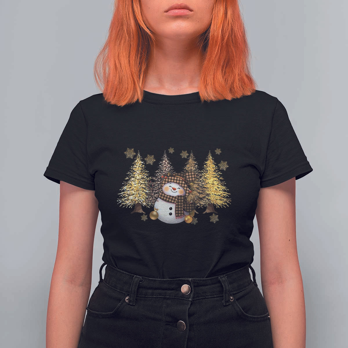 Christmas Snowman T Shirt For Women Cute Winter Leopard Xmas Tree Farm - Wonder Print Shop