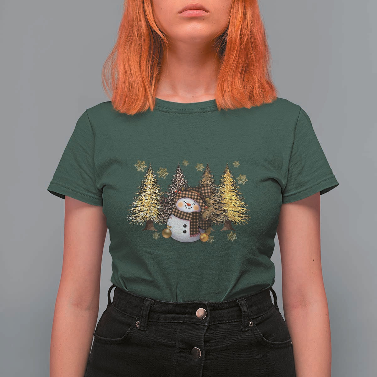 Christmas Snowman T Shirt For Women Cute Winter Leopard Xmas Tree Farm - Wonder Print Shop
