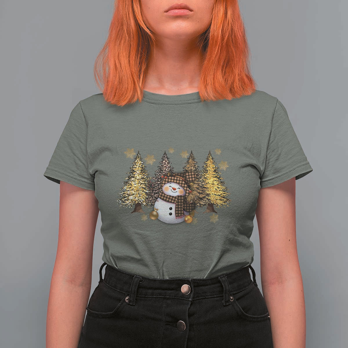 Christmas Snowman T Shirt For Women Cute Winter Leopard Xmas Tree Farm - Wonder Print Shop