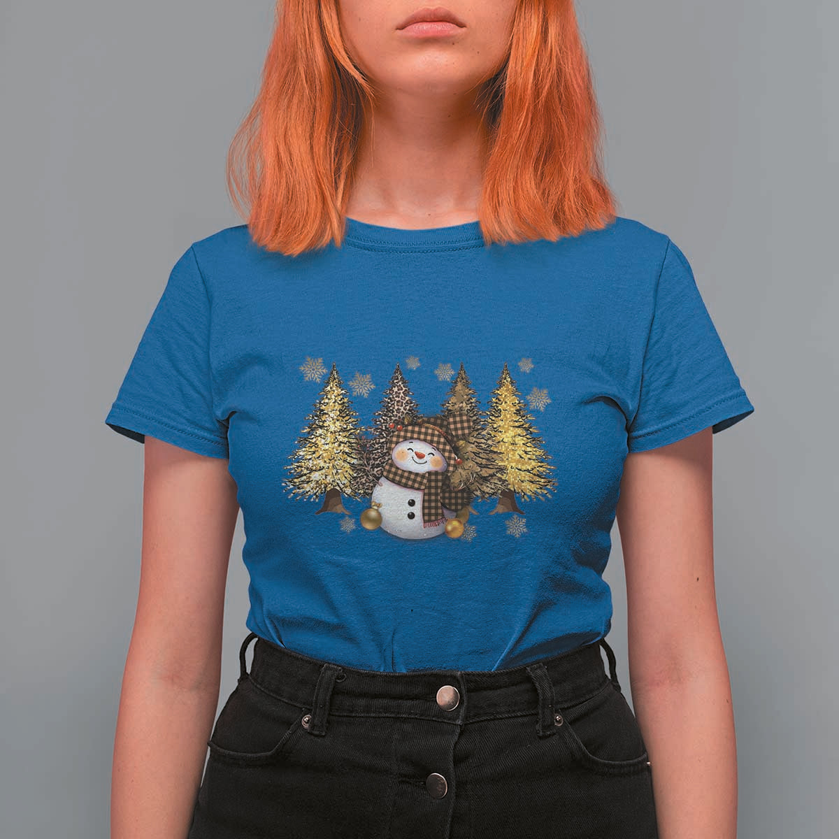 Christmas Snowman T Shirt For Women Cute Winter Leopard Xmas Tree Farm - Wonder Print Shop