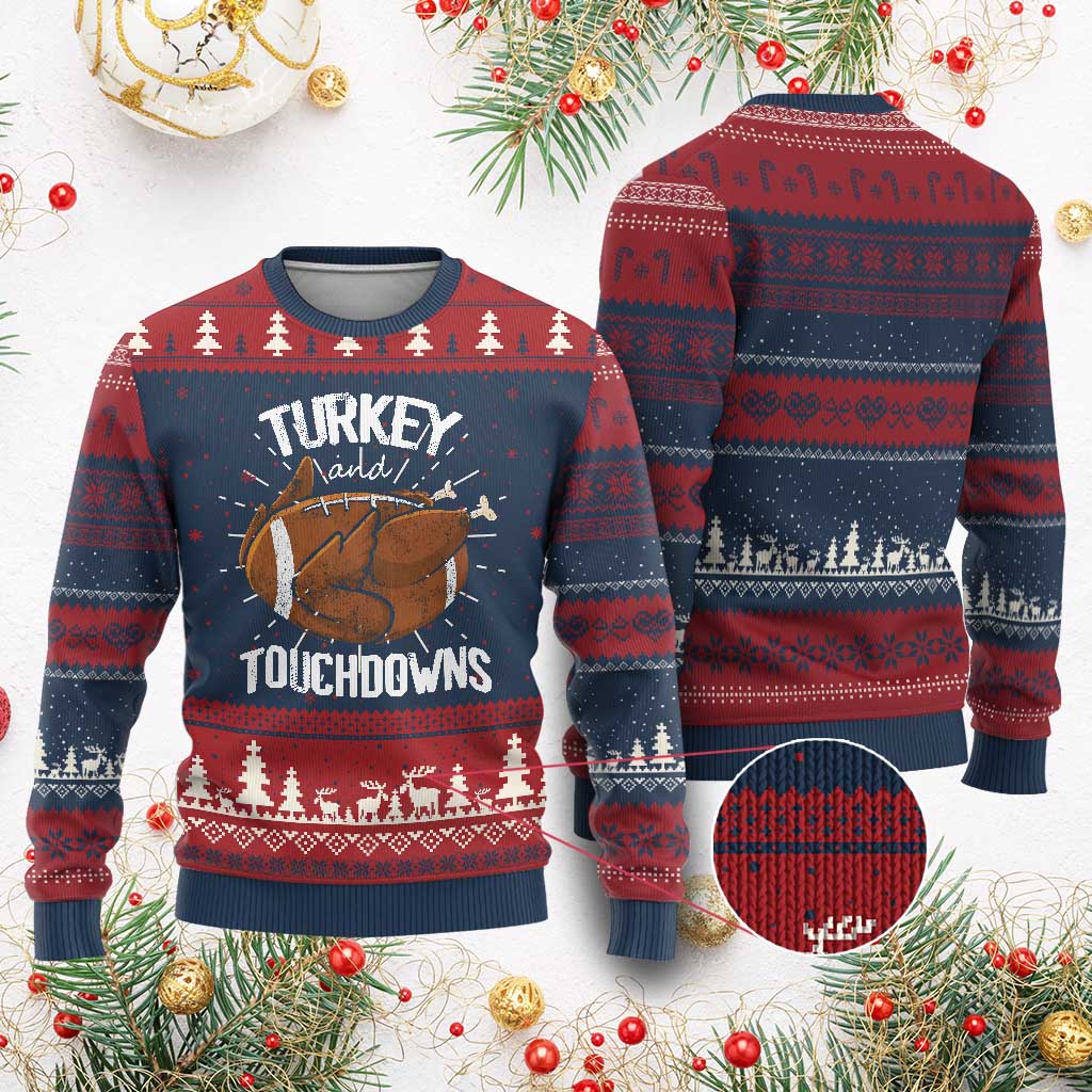 Funny Thanksgiving Knitted Sweatshirt Turkey and Touchdowns Football Season - Wonder Print Shop