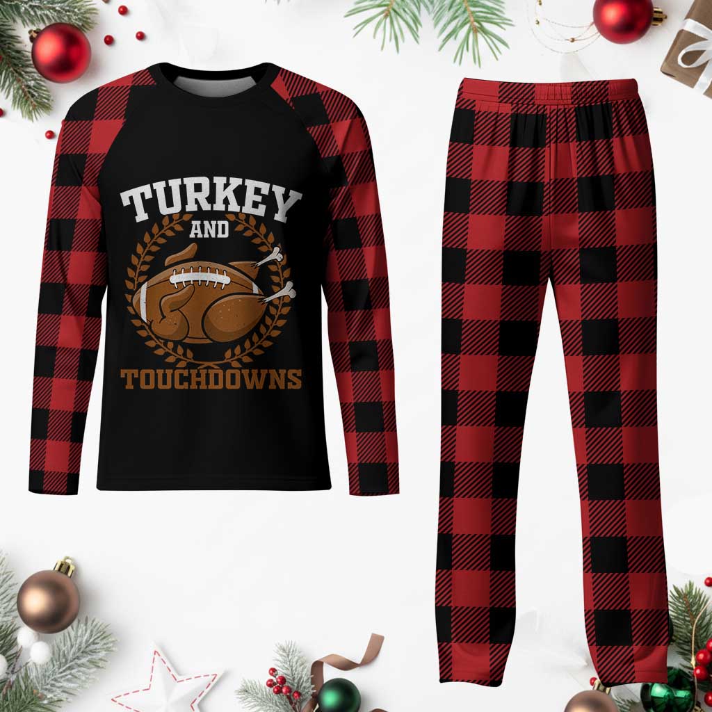 Thanksgiving Turkey And Touchdowns Football Season Plaid Pajama Set Game Day Outfits American Football Player Gift - Wonder Print Shop