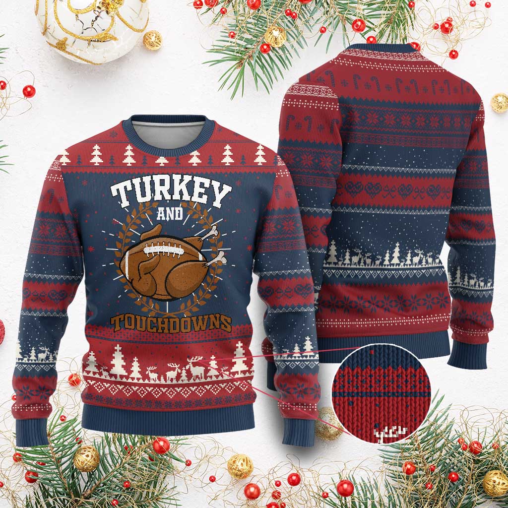 Thanksgiving Turkey And Touchdowns Football Season Knitted Sweatshirt Game Day Outfits American Football Player Gift - Wonder Print Shop