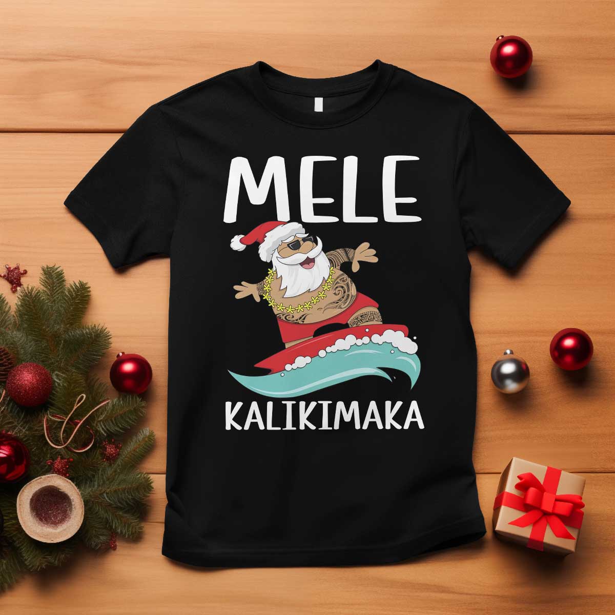 Hawaiian Christmas T Shirt Mele Kalikimaka Hawaii Surfing Santa Tropical Beach - Wonder Print Shop
