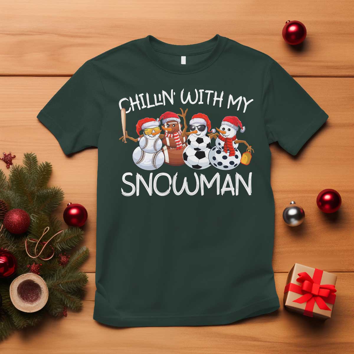 Snowman Christmas T Shirt Football Soccer Baseball Pickleball Chillin With My Snowmies Ugly Gift - Wonder Print Shop