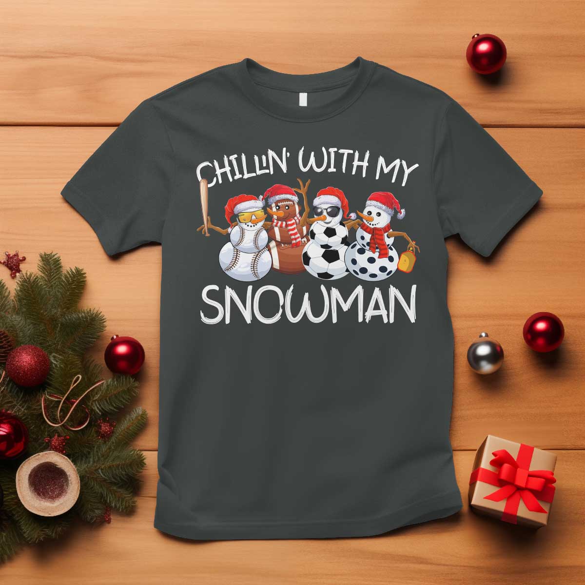 Snowman Christmas T Shirt Football Soccer Baseball Pickleball Chillin With My Snowmies Ugly Gift - Wonder Print Shop