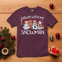 Snowman Christmas T Shirt Football Soccer Baseball Pickleball Chillin With My Snowmies Ugly Gift - Wonder Print Shop