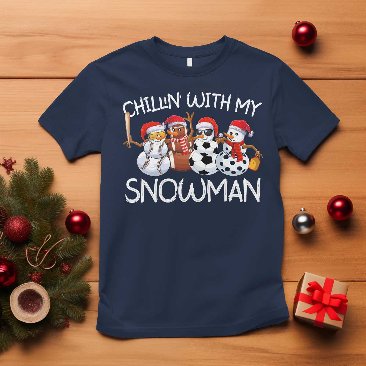 Snowman Christmas T Shirt Football Soccer Baseball Pickleball Chillin With My Snowmies Ugly Gift - Wonder Print Shop