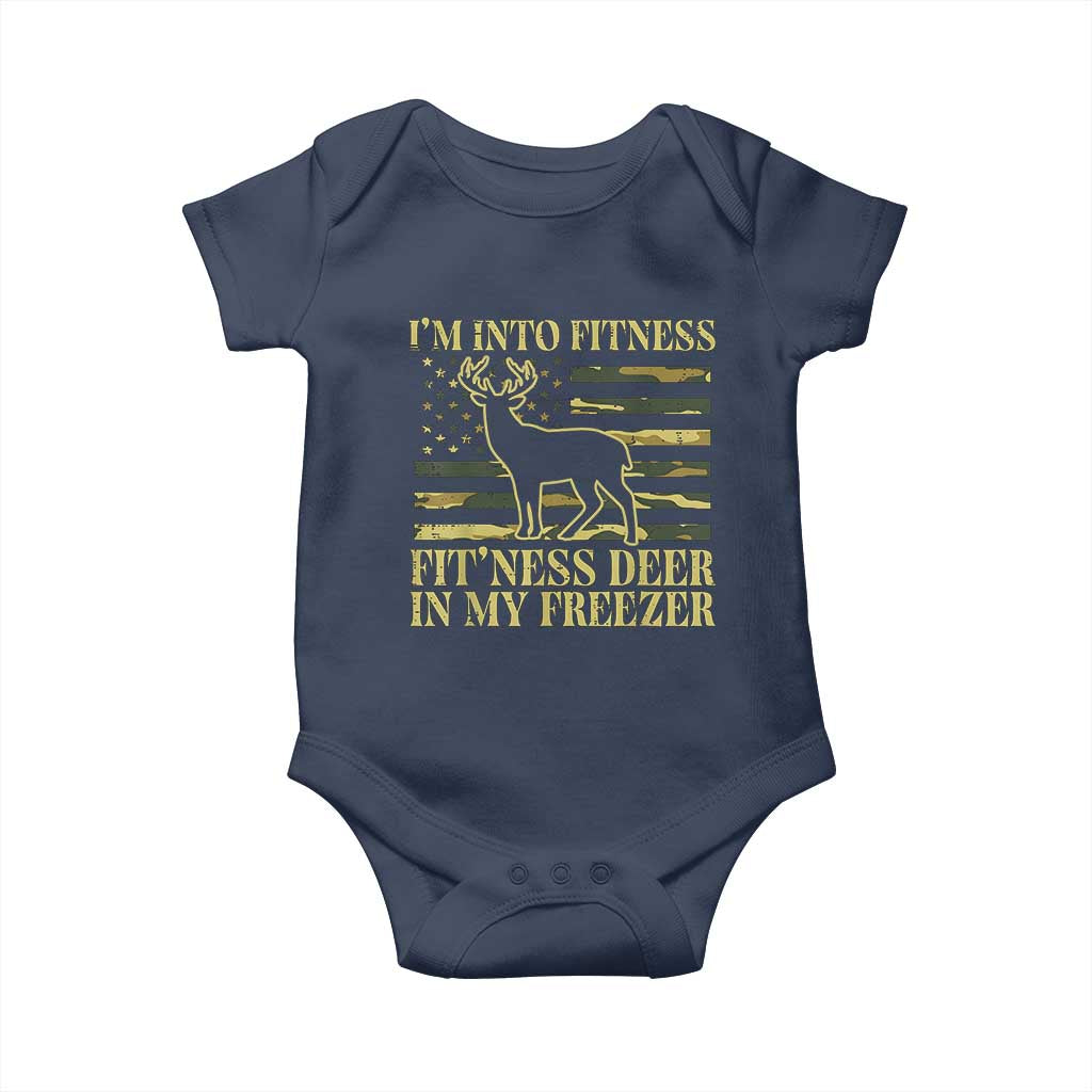 Hunting Baby Onesie I'm Into Fitness Fit'ness Deer In My Freezer Camo Flag