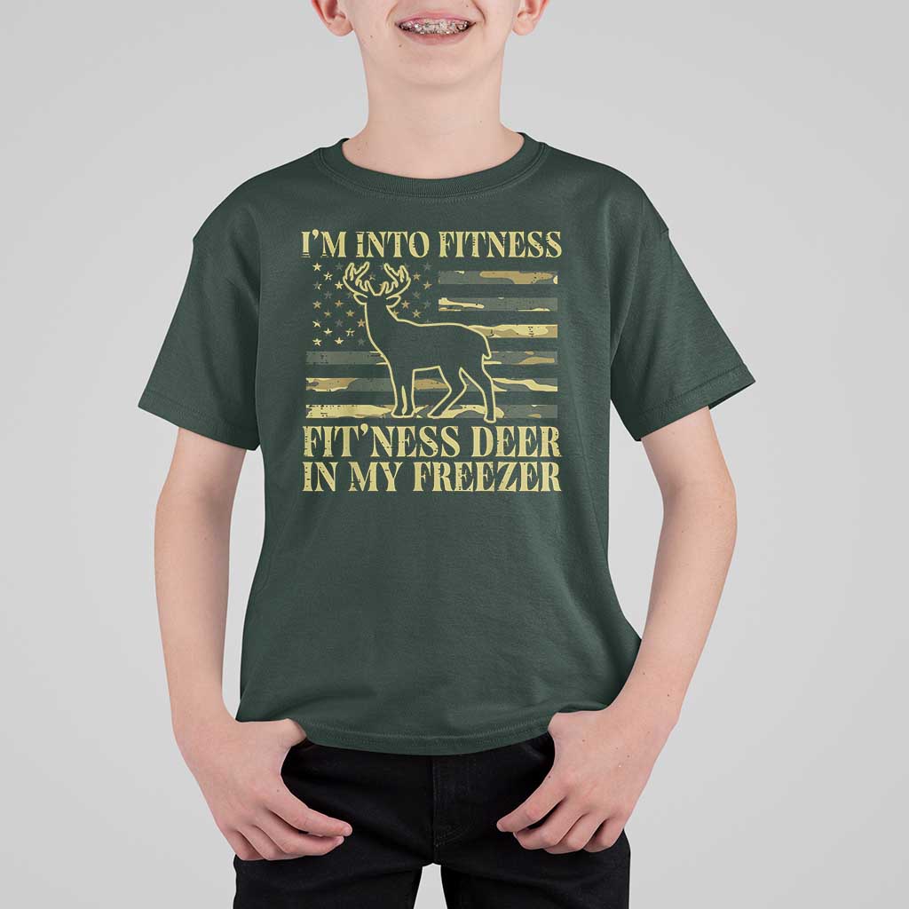 Hunting T Shirt For Kid I'm Into Fitness Fit'ness Deer In My Freezer Camo Flag - Wonder Print Shop