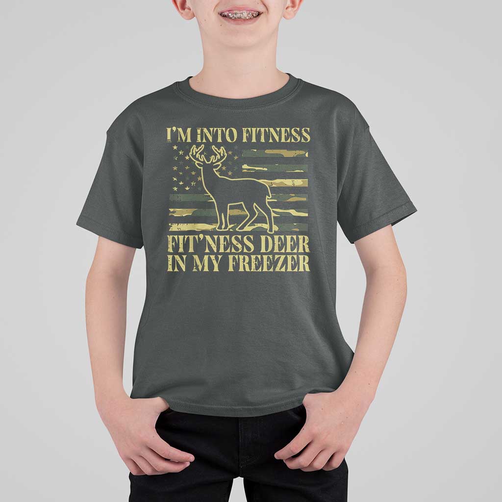 Hunting T Shirt For Kid I'm Into Fitness Fit'ness Deer In My Freezer Camo Flag - Wonder Print Shop
