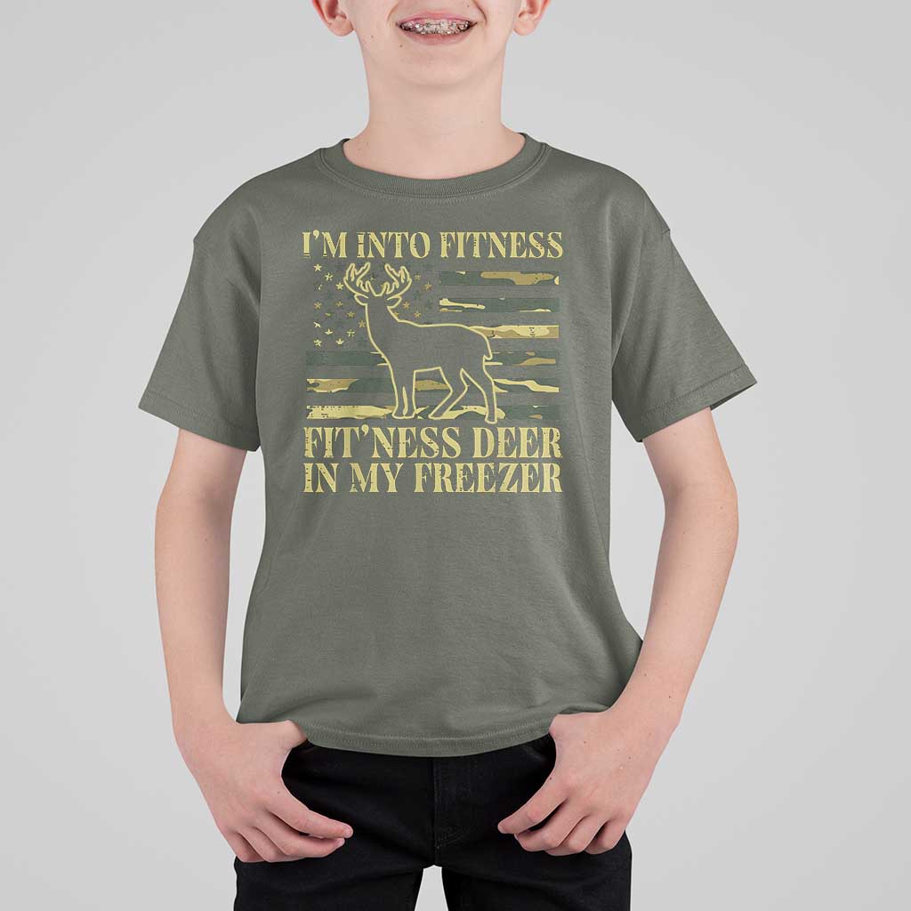 Hunting T Shirt For Kid I'm Into Fitness Fit'ness Deer In My Freezer Camo Flag - Wonder Print Shop