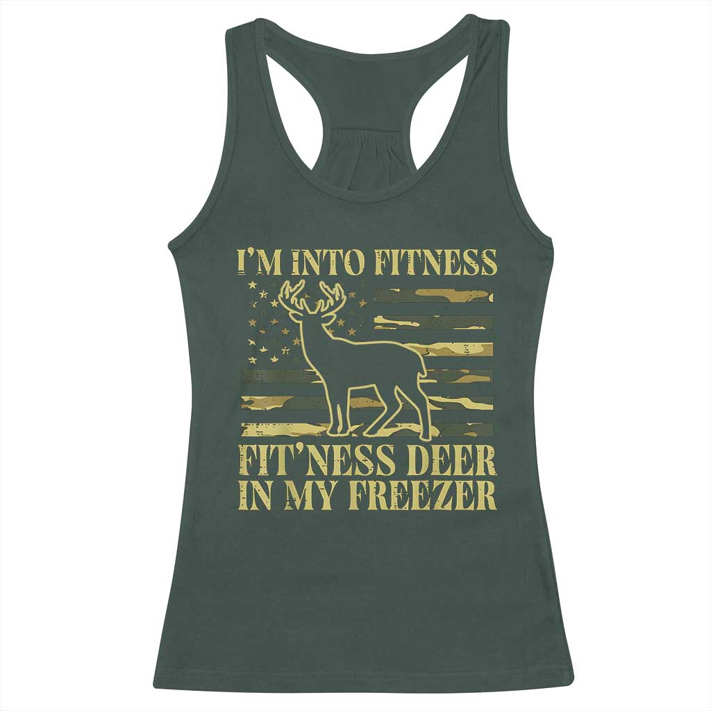 Hunting Racerback Tank Top I'm Into Fitness Fit'ness Deer In My Freezer Camo Flag