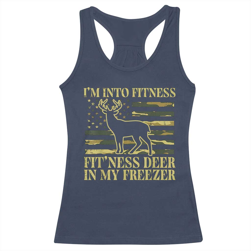 Hunting Racerback Tank Top I'm Into Fitness Fit'ness Deer In My Freezer Camo Flag