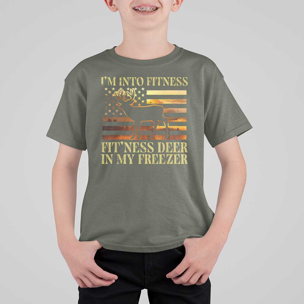Hunting T Shirt For Kid I'm Into Fitness Fit'ness Deer In My Freezer American Flag - Wonder Print Shop