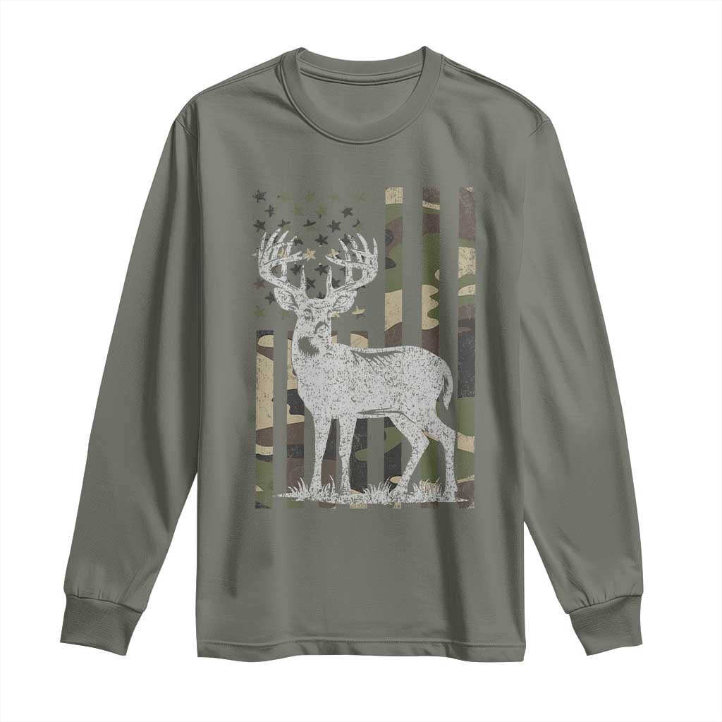 Deer Hunting American Camouflage Flag Long Sleeve Shirt