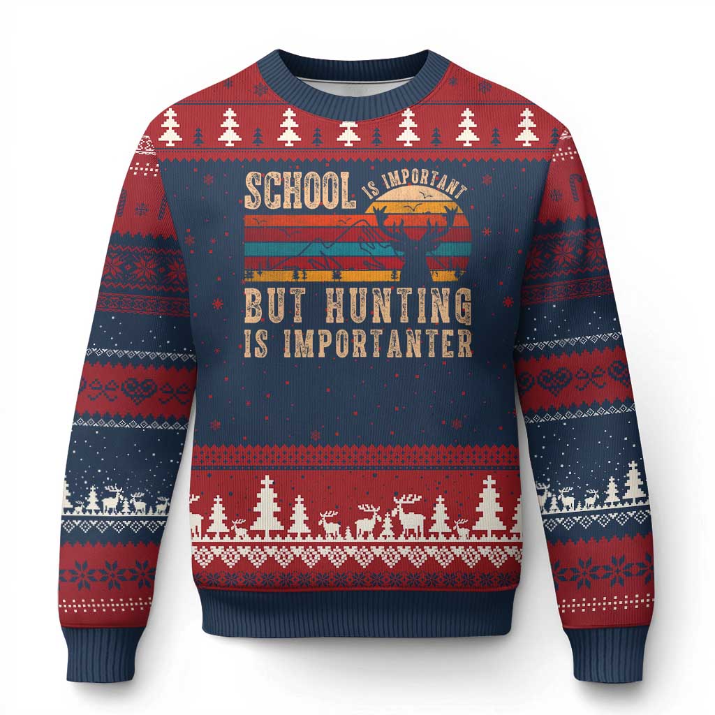 School Is Important But Hunting Is Importanter Ugly Christmas Sweater Retro Deer Hunting Boy - Wonder Print Shop