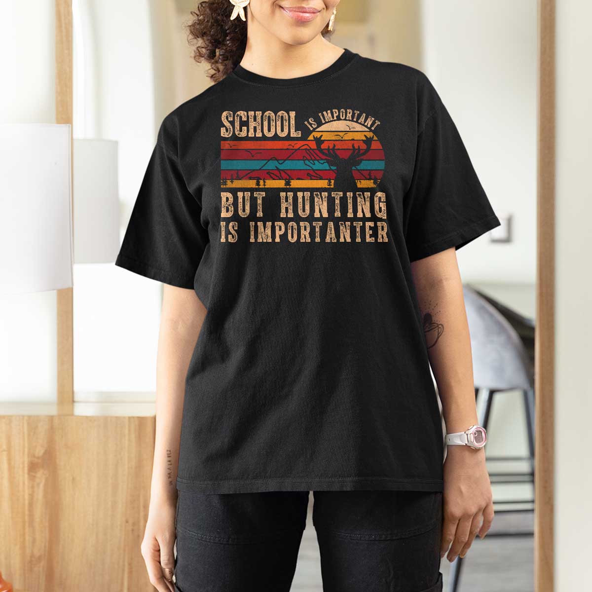 School Is Important But Hunting Is Importanter T Shirt For Women Retro Deer Hunting Boy - Wonder Print Shop