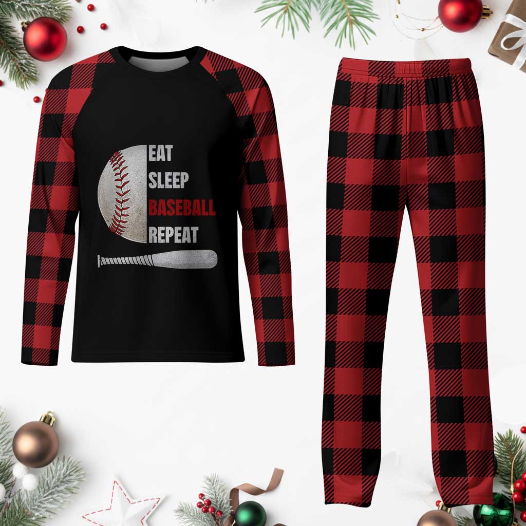 Baseball Player Plaid Pajama Set Retro Funny Eat Sleep Baseball Repeat