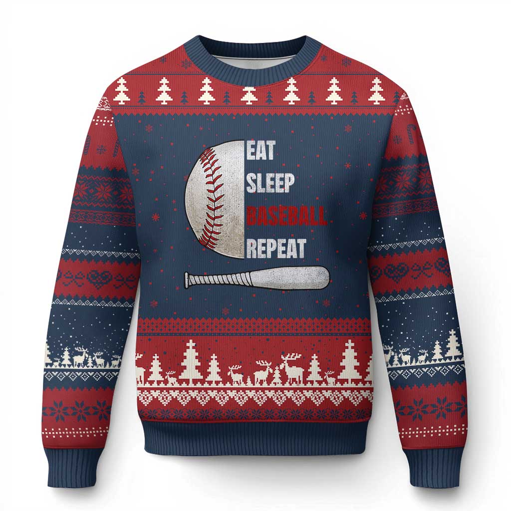 Baseball Player Ugly Christmas Sweater Retro Funny Eat Sleep Baseball Repeat