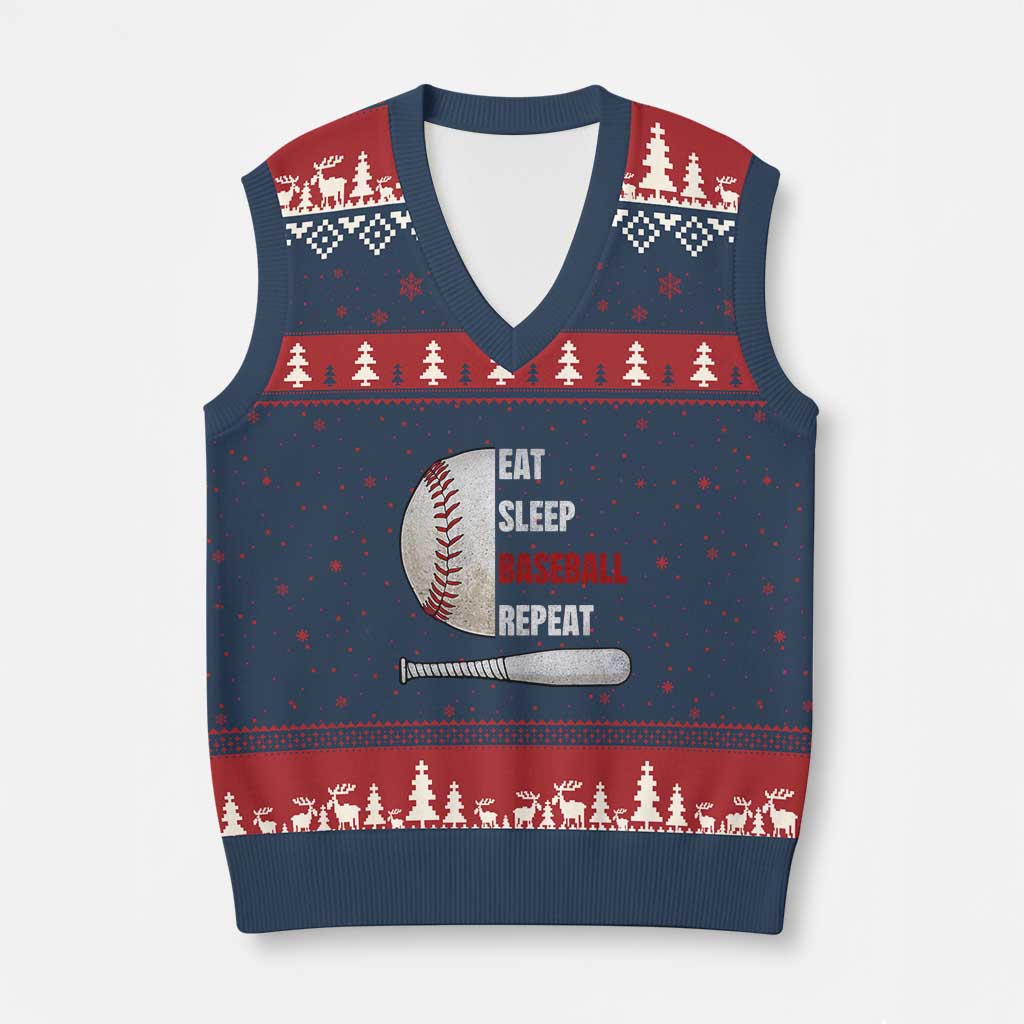 Baseball Player V-Neck Knit Sweater Vest Retro Funny Eat Sleep Baseball Repeat