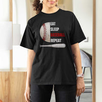 Baseball Player T Shirt For Women Retro Funny Eat Sleep Baseball Repeat