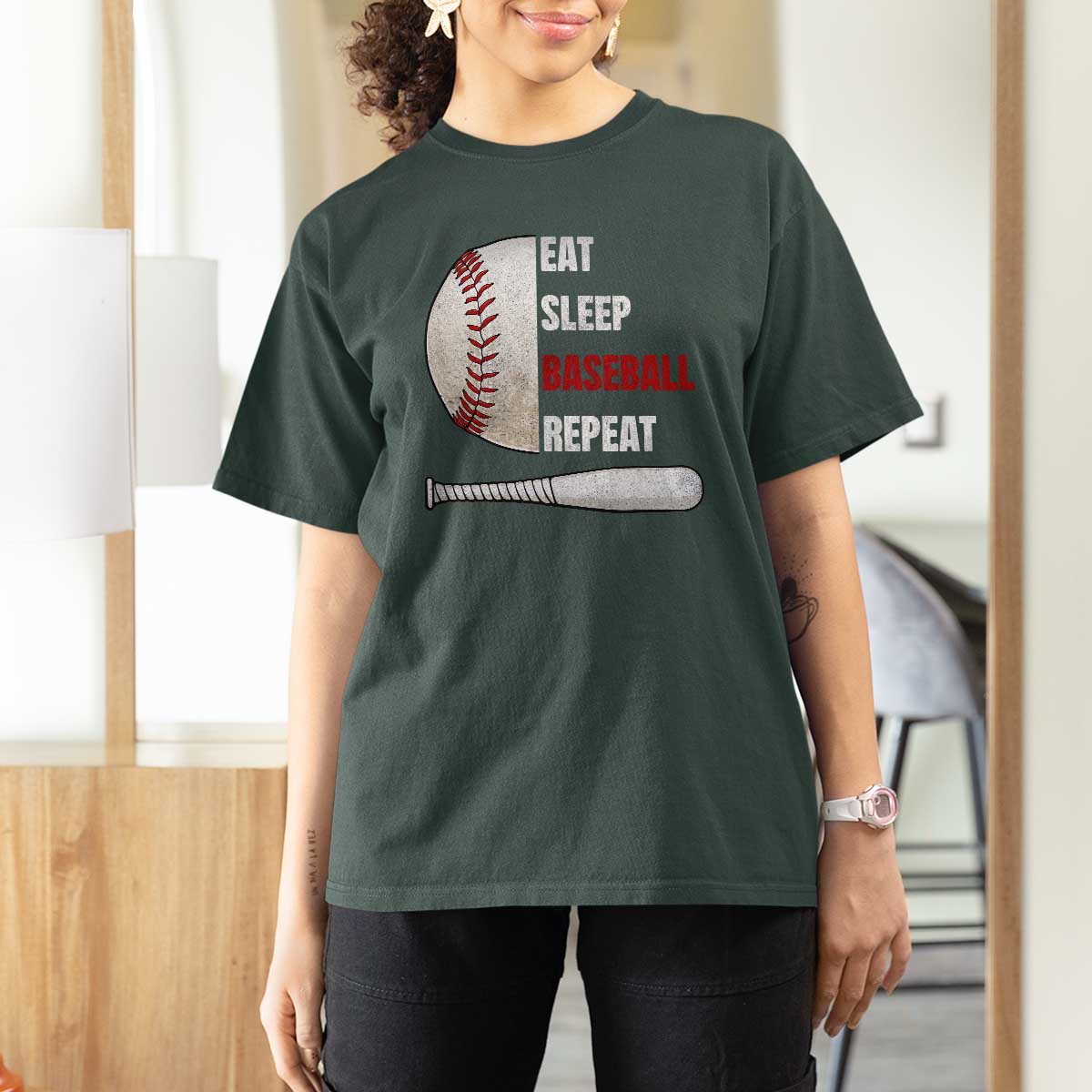 Baseball Player T Shirt For Women Retro Funny Eat Sleep Baseball Repeat