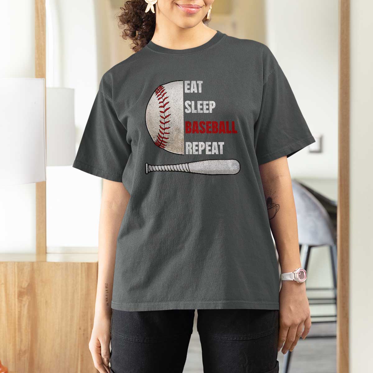 Baseball Player T Shirt For Women Retro Funny Eat Sleep Baseball Repeat
