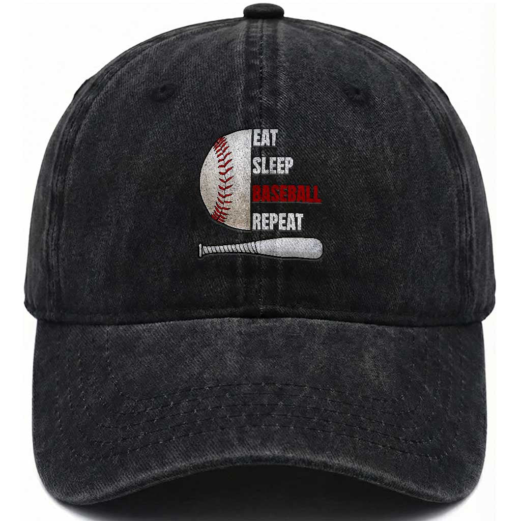 Baseball Player Washed Cotton Baseball Cap Retro Funny Eat Sleep Baseball Repeat