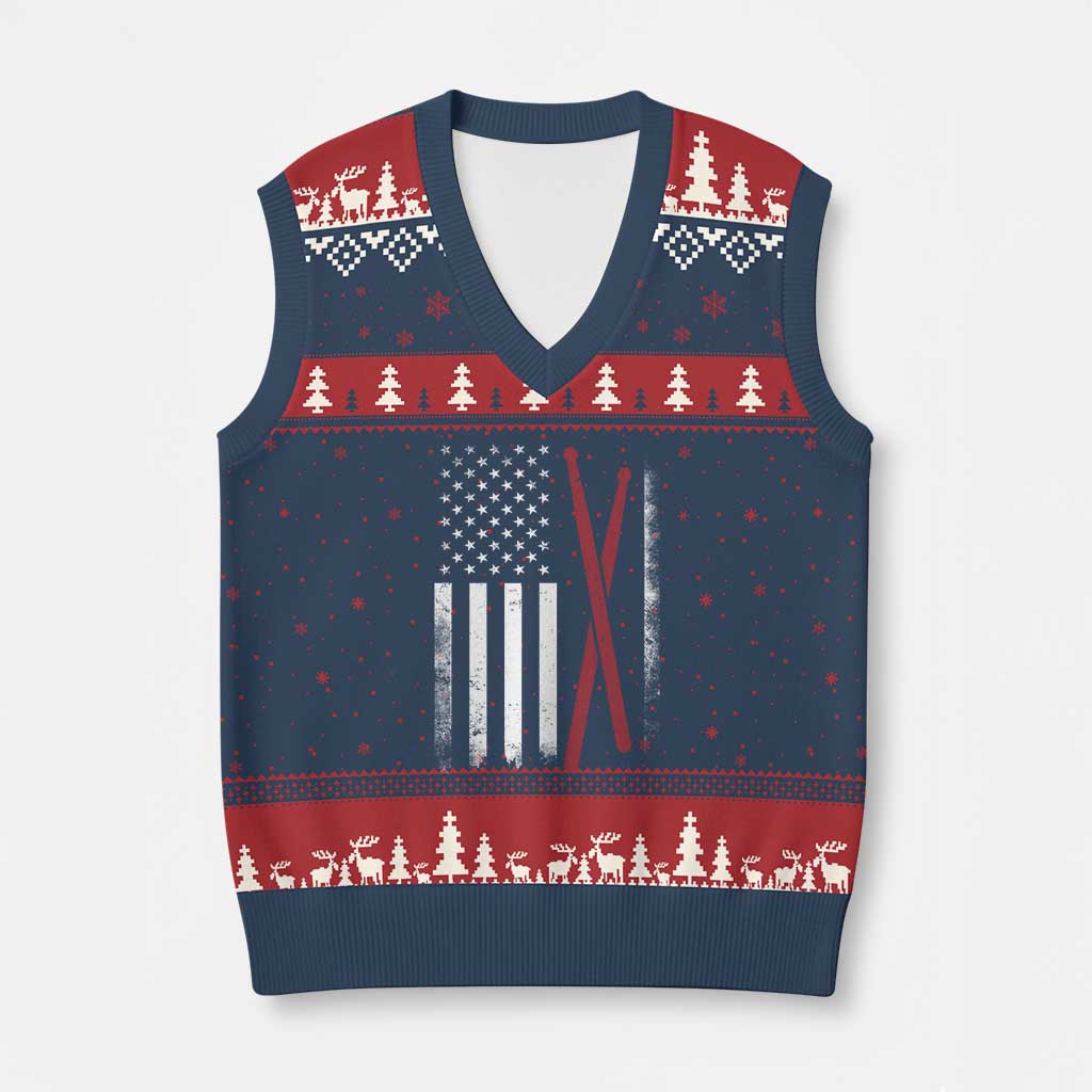 American Flag Drumsticks V-Neck Knit Sweater Vest USA Drummers Vintage Drum Sticks - Wonder Print Shop