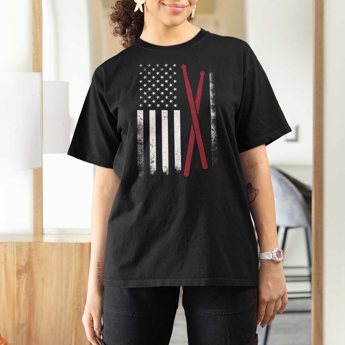 American Flag Drumsticks T Shirt For Women USA Drummers Vintage Drum Sticks - Wonder Print Shop
