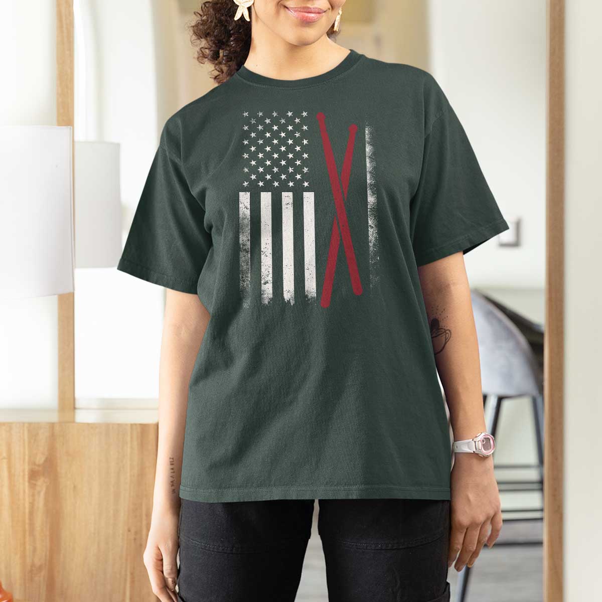 American Flag Drumsticks T Shirt For Women USA Drummers Vintage Drum Sticks - Wonder Print Shop
