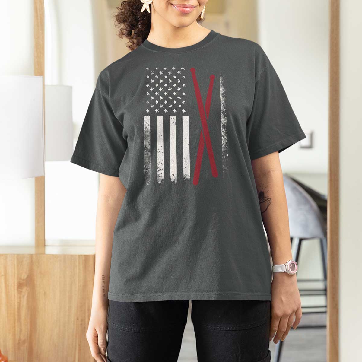 American Flag Drumsticks T Shirt For Women USA Drummers Vintage Drum Sticks - Wonder Print Shop