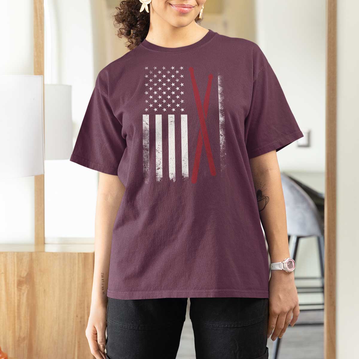 American Flag Drumsticks T Shirt For Women USA Drummers Vintage Drum Sticks - Wonder Print Shop