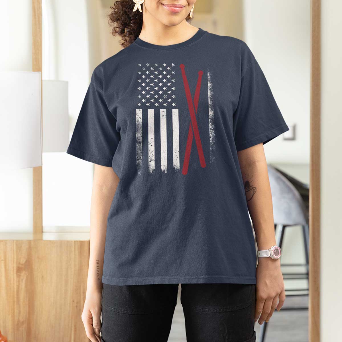 American Flag Drumsticks T Shirt For Women USA Drummers Vintage Drum Sticks - Wonder Print Shop